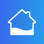 White line-drawn house icon with a curved water line at the bottom on a blue gradient background.